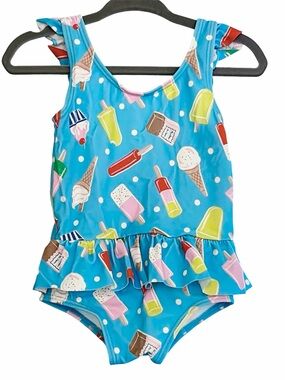 Baby Boden Ice Cream Popsicle Swimsuit Swim Suit Ruffle One Piece Blue Polka Dot